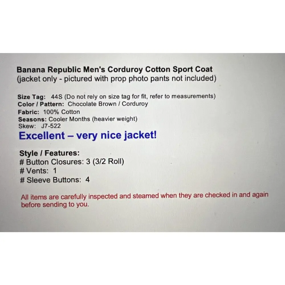 Banana Republic Mens 44S Brown Corduroy Cotton Blazer Sport Jacket 3/2 Roll